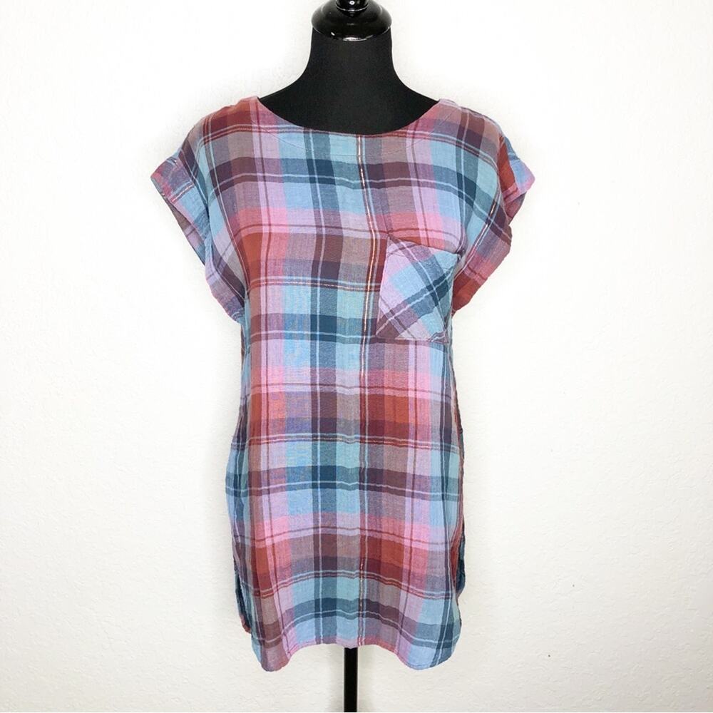Anthropologie Akemi Kin blue pink plaid tunic top size Small
